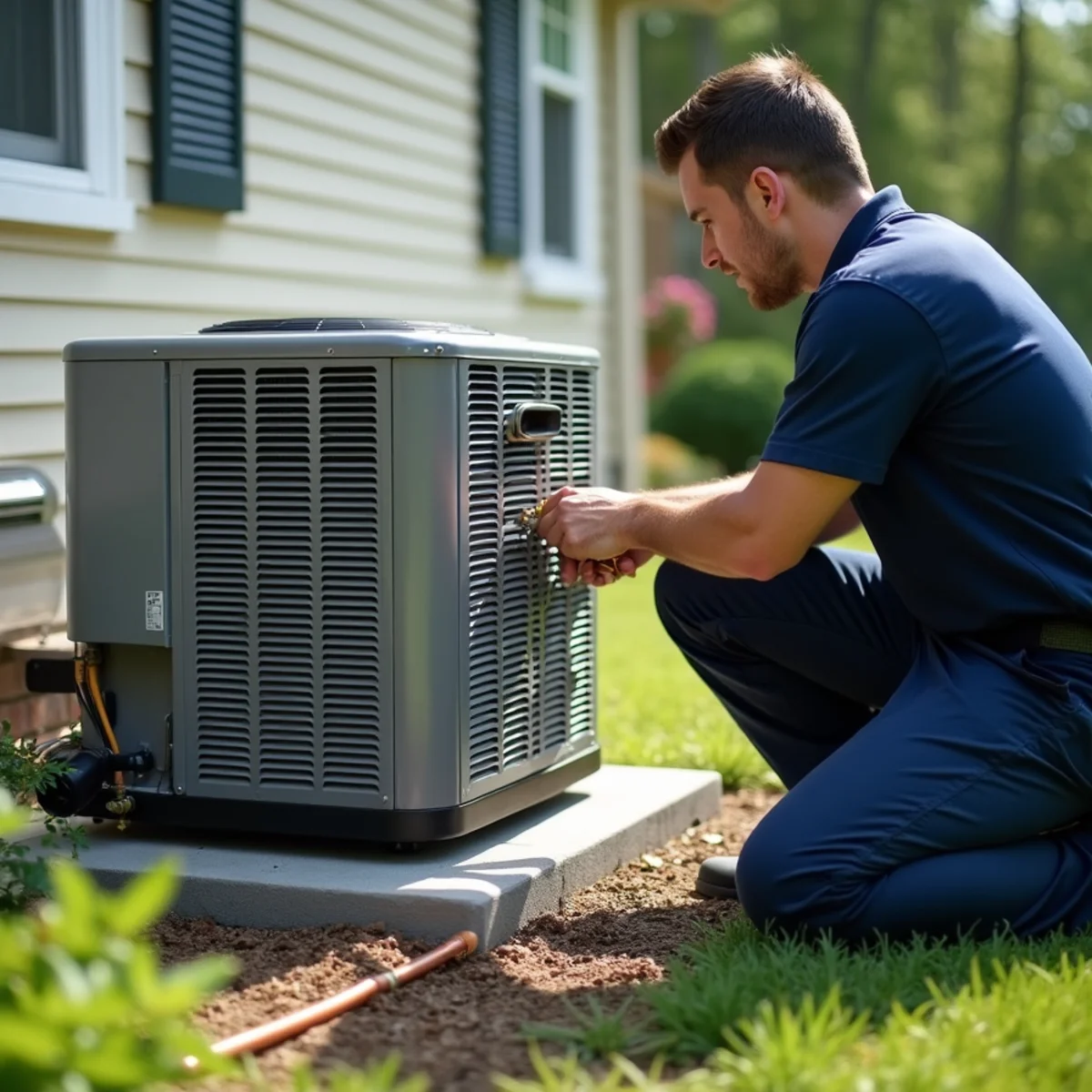Close-up of ac installation & replacement being carried out by a HVAC Mount Joy PA technician