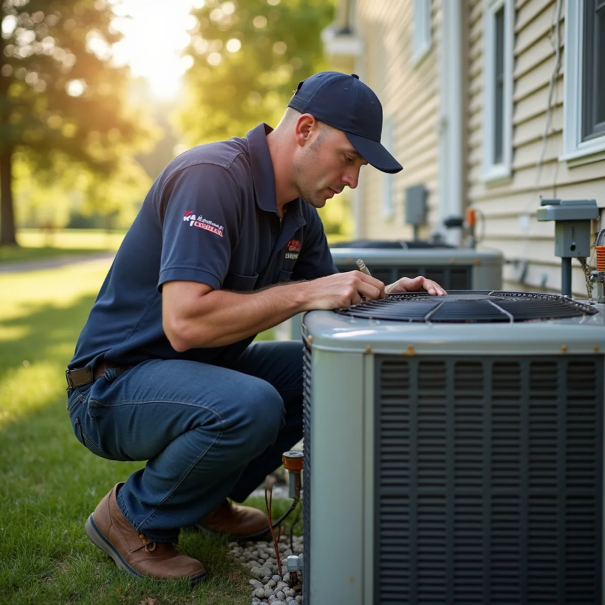 HVAC technician repairing an outdoor central air conditioner in Mount Joy, PA