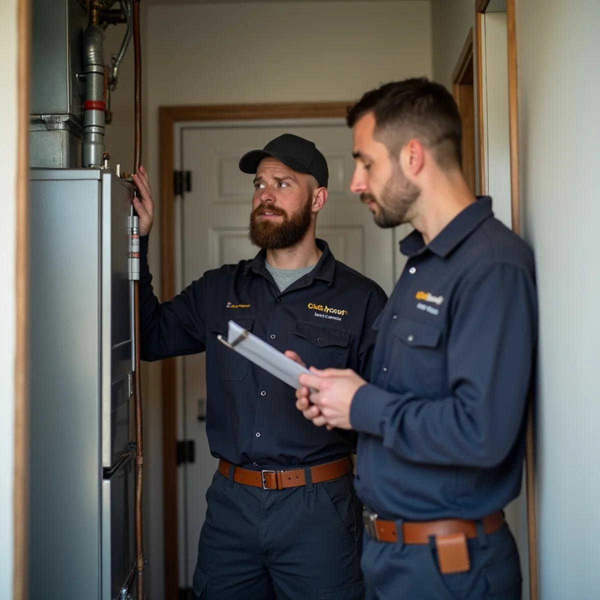 Landlord reviewing an HVAC service checklist inside a Mount Joy rental unit