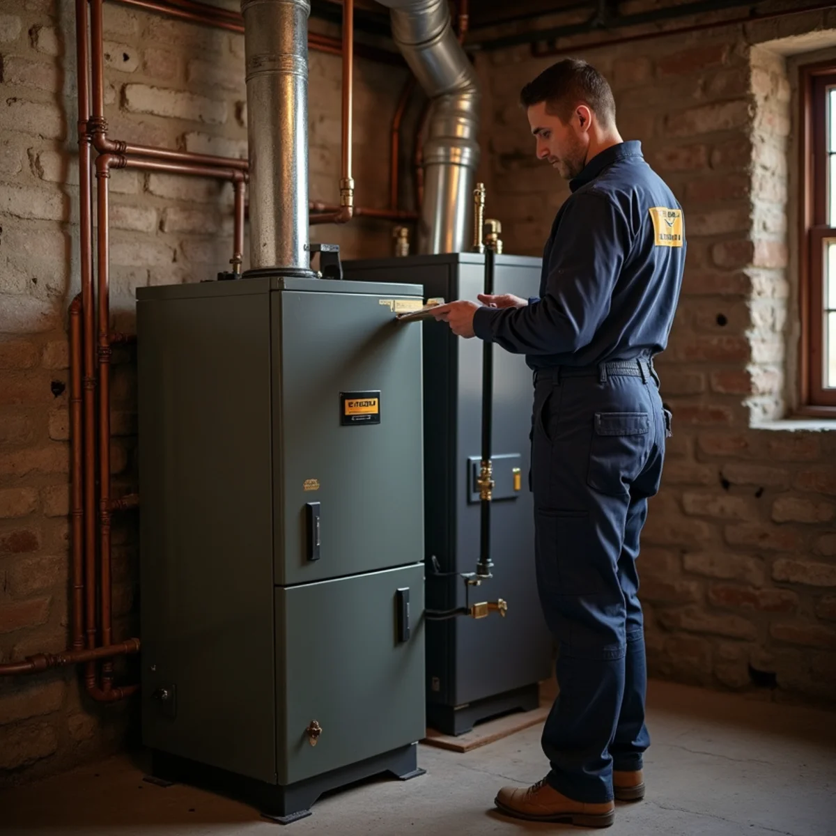 Cast iron hot-water boiler in the basement of a historic brick home in downtown Mount Joy