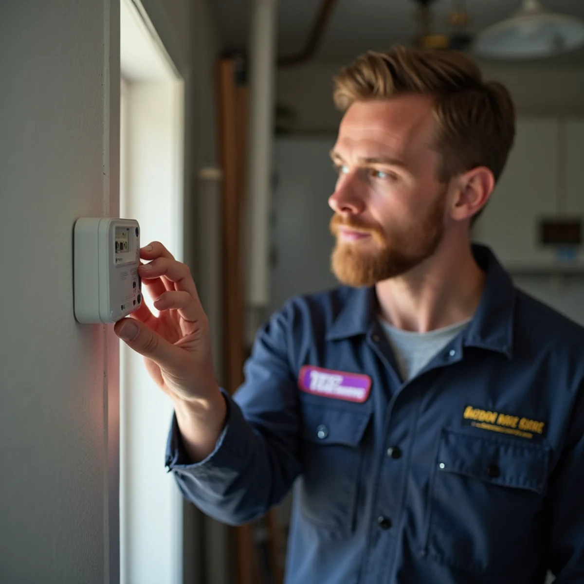 Carbon monoxide detector mounted on a wall in a Mount Joy PA home near a gas furnace