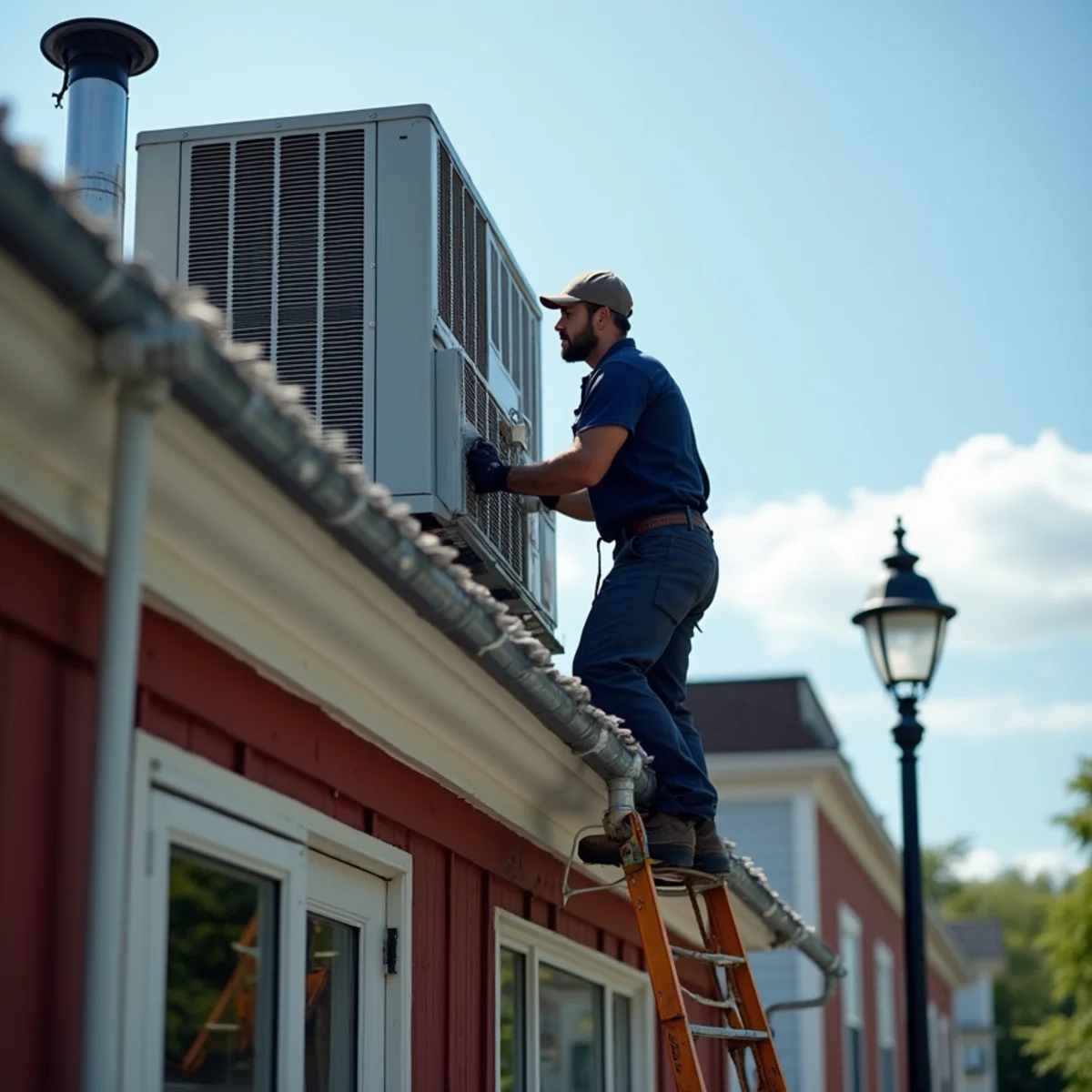 Technician inspecting a rooftop HVAC unit on a Mount Joy commercial building