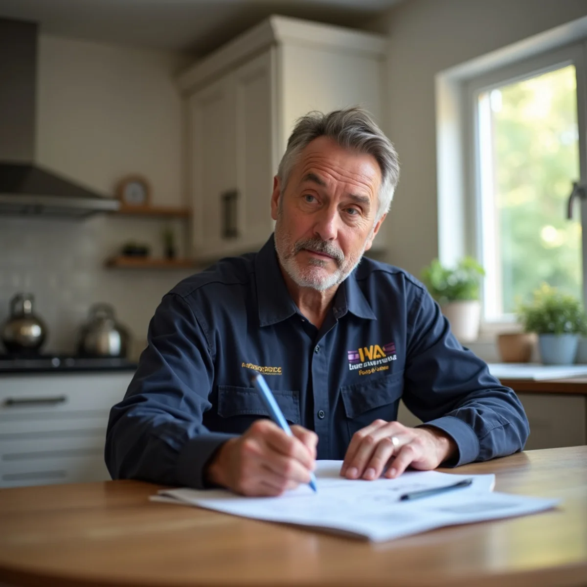 Homeowner reviewing an insurance policy at a kitchen table with an HVAC quote nearby