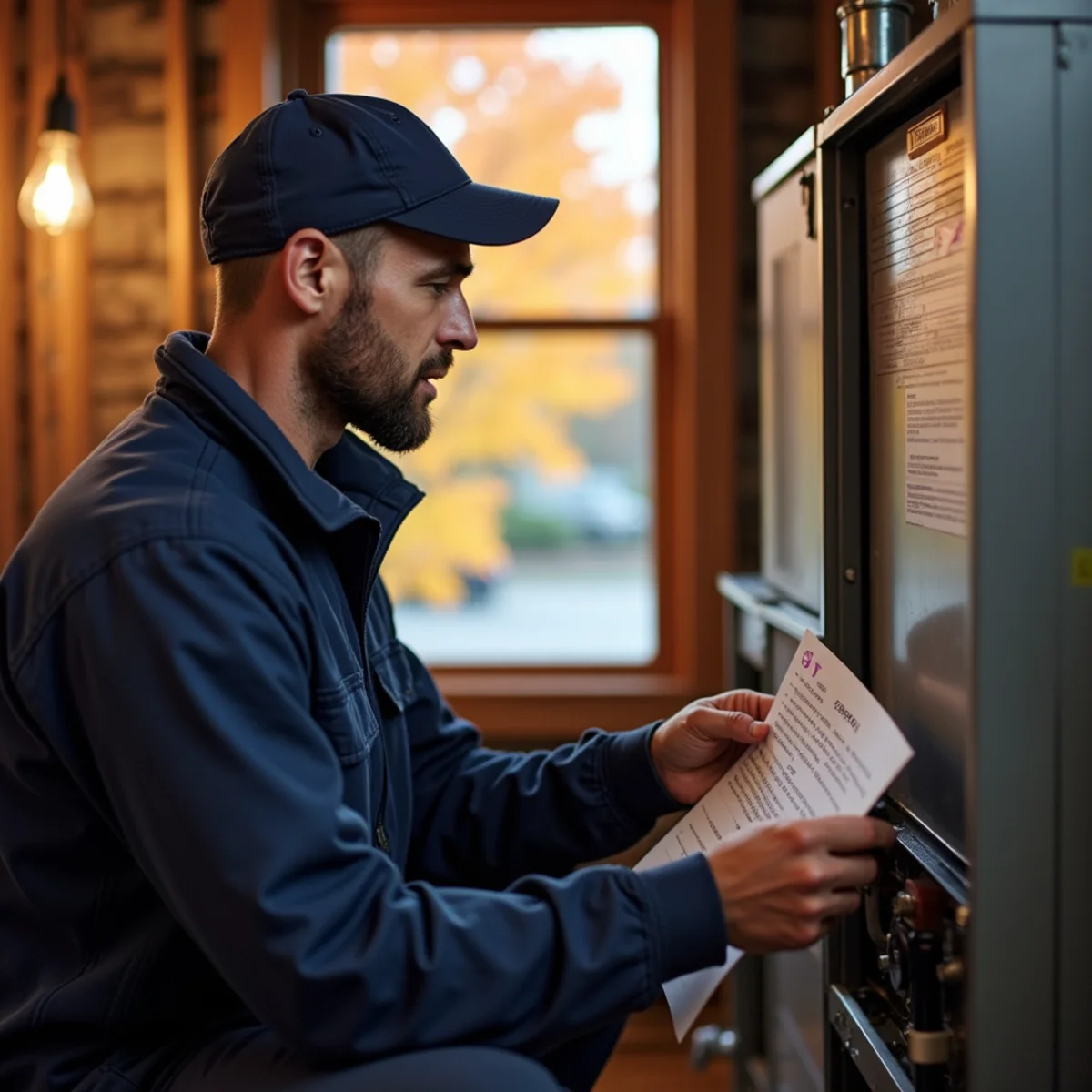 Technician inspecting a gas furnace burner assembly during a fall tune-up in a Mount Joy PA basement