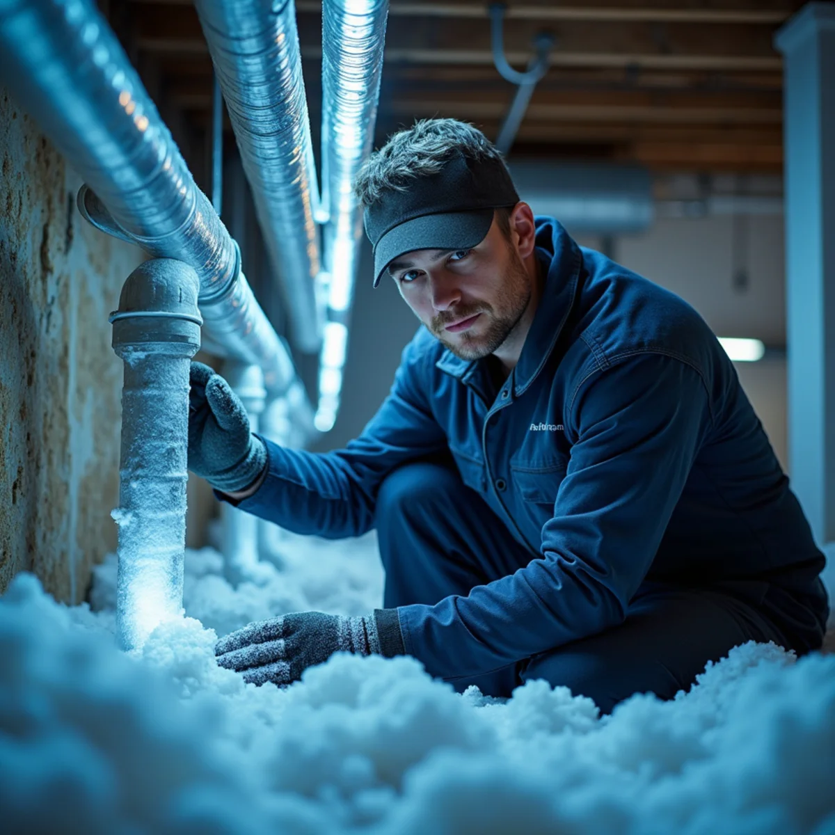 Frozen water pipe in a cold Mount Joy PA basement during a hard winter freeze