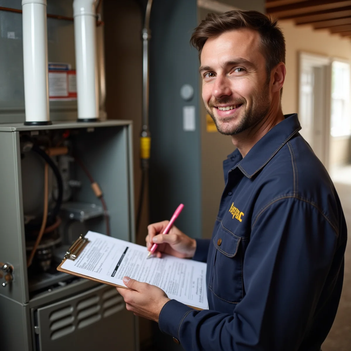 Technician measuring voltage on a gas furnace control board in a Mount Joy basement