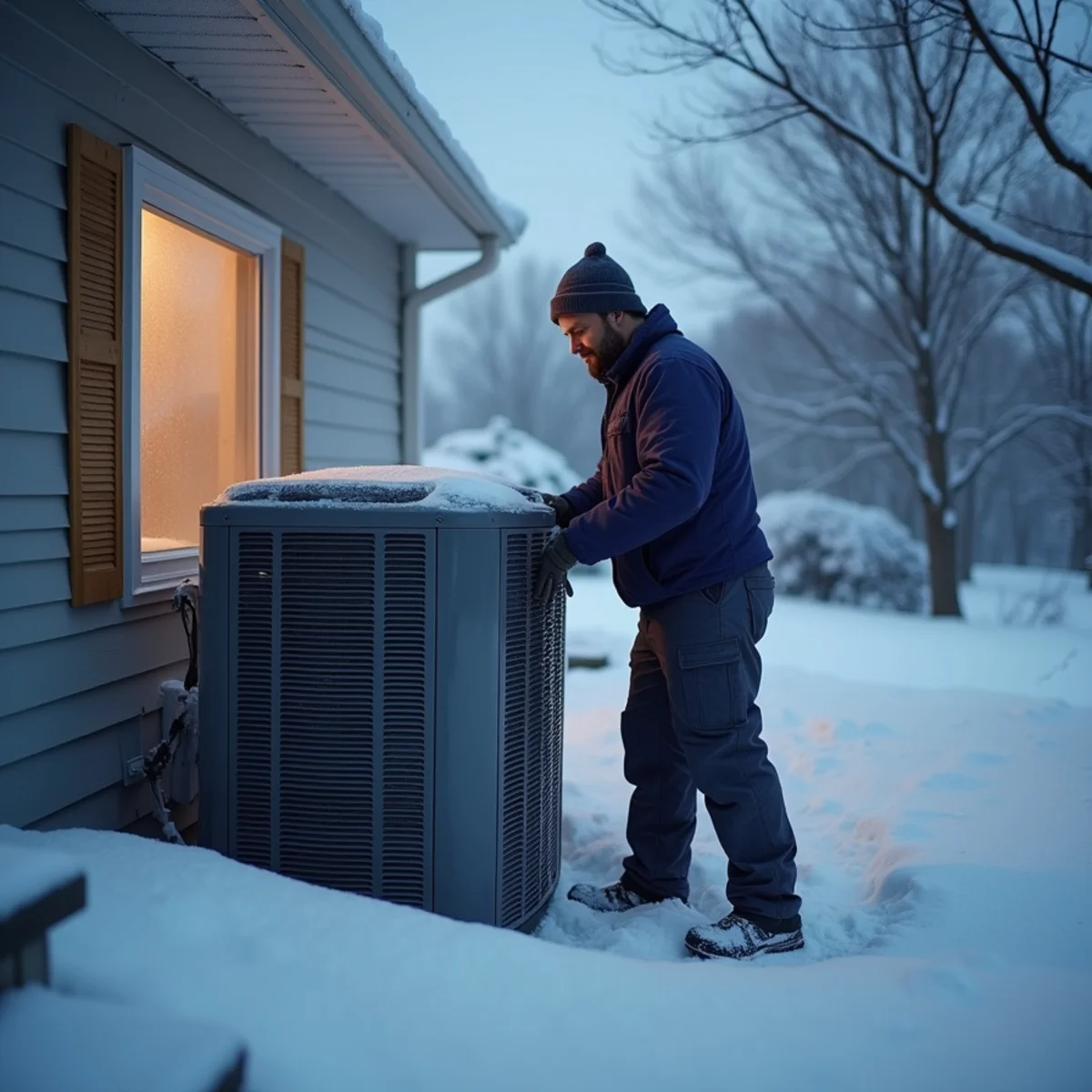 Cold-climate heat pump outdoor unit running in snow outside a Mount Joy home during a hard freeze.