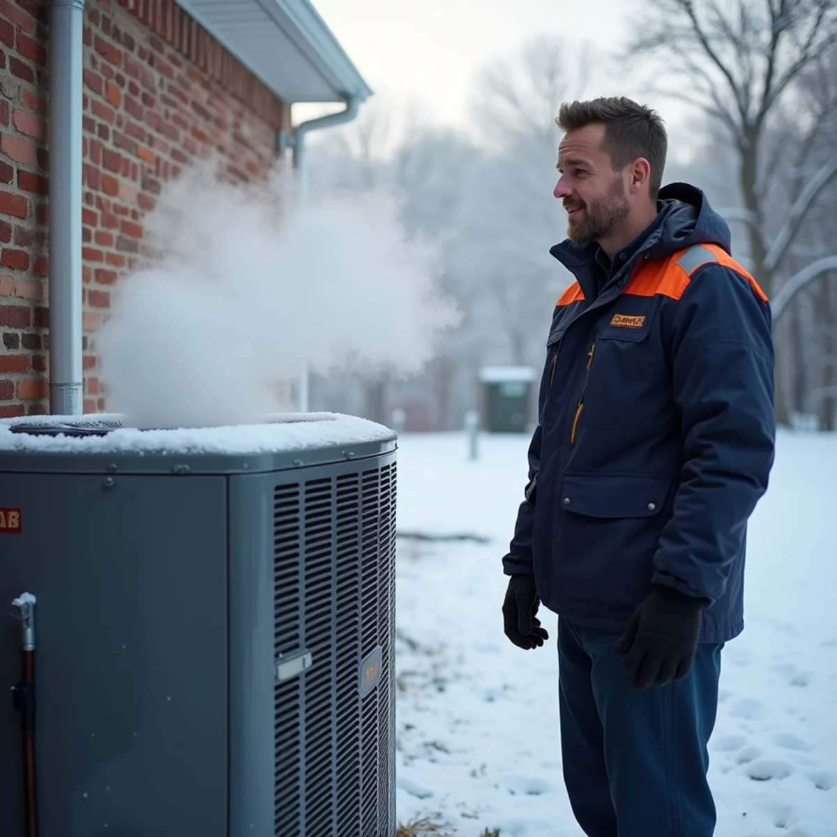 Outdoor heat pump releasing steam during a defrost cycle at a Lancaster County home in winter