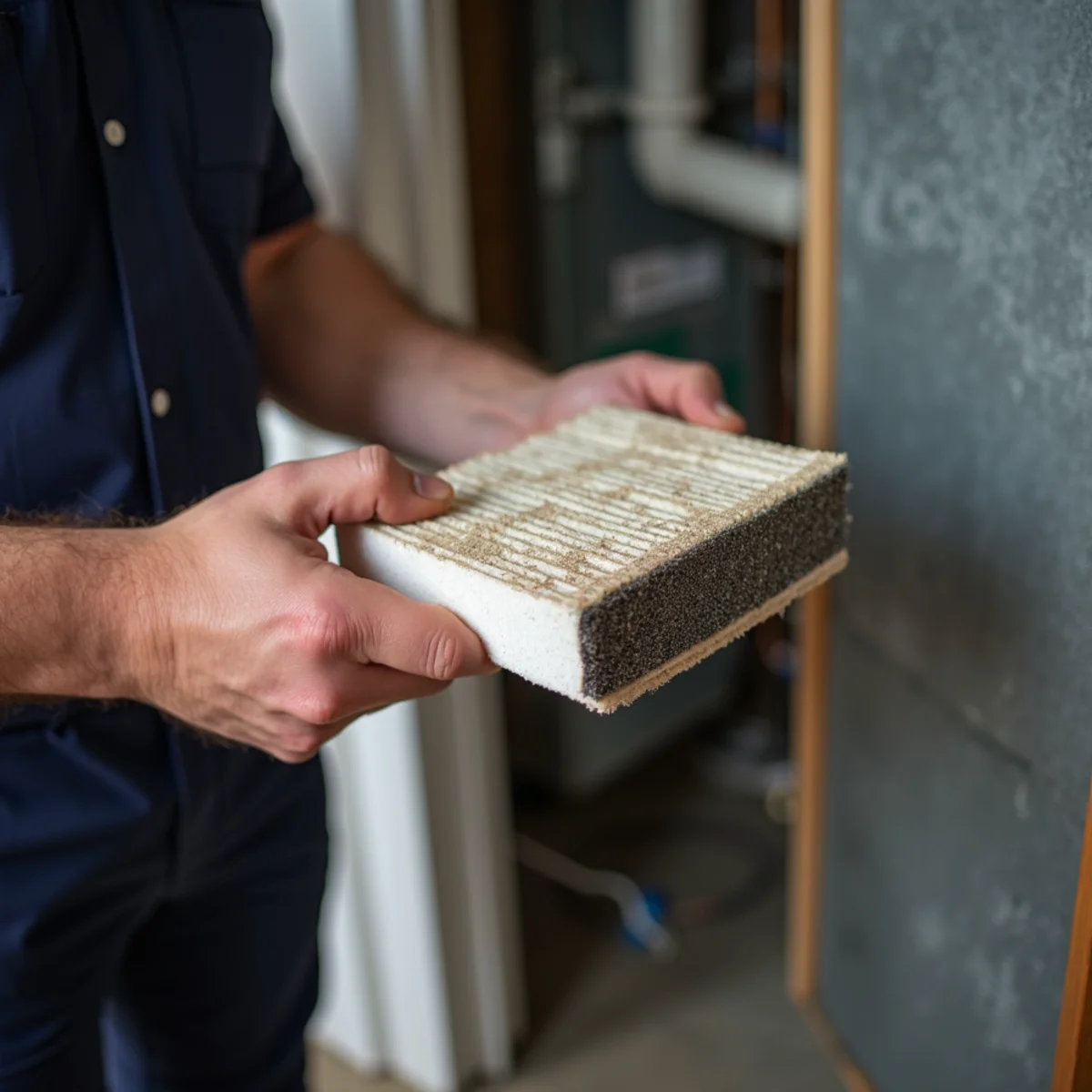 Homeowner sliding a fresh pleated air filter into the return of an HVAC system in a Mount Joy PA home