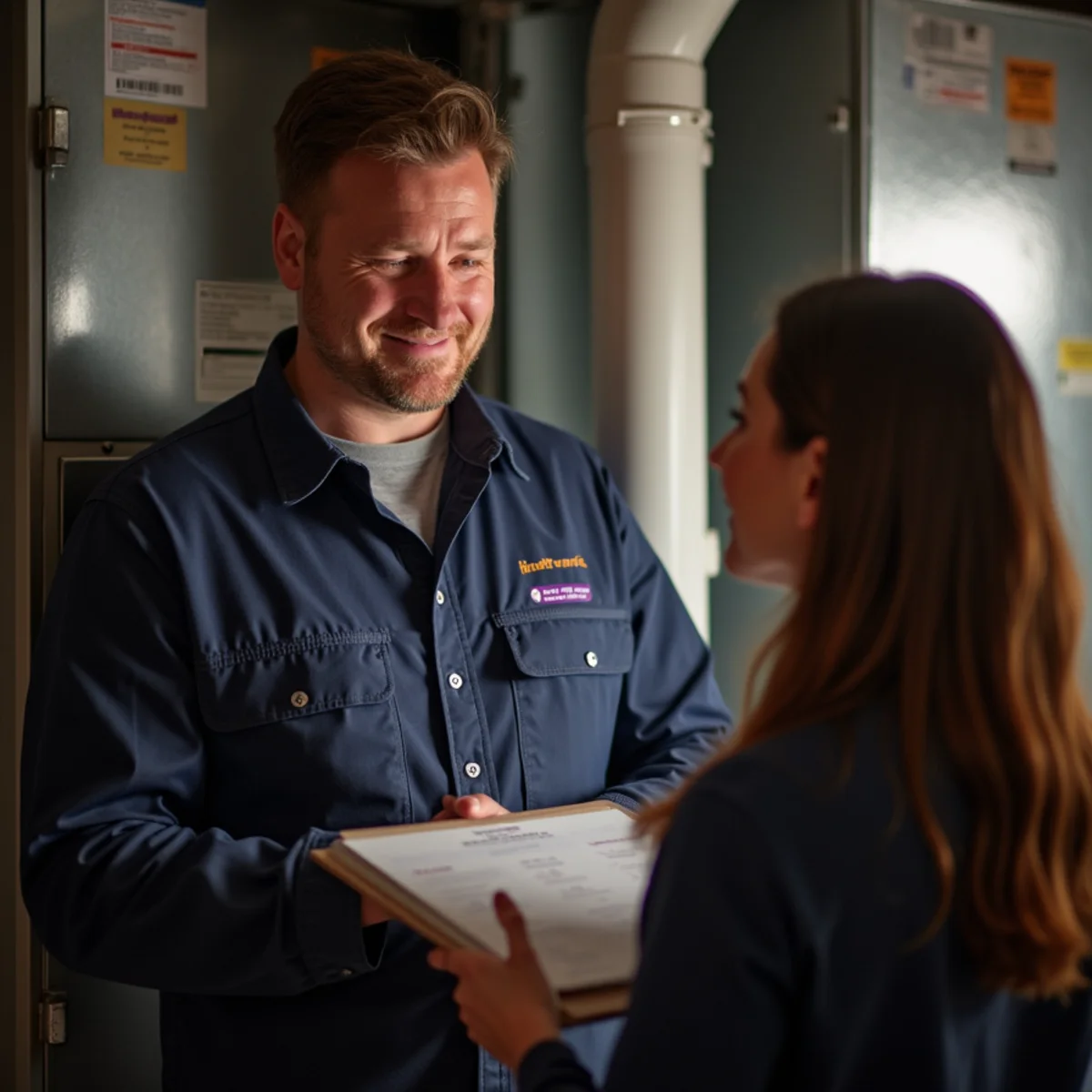 HVAC technician reviewing a seasonal maintenance plan checklist with a homeowner in a Mount Joy PA home