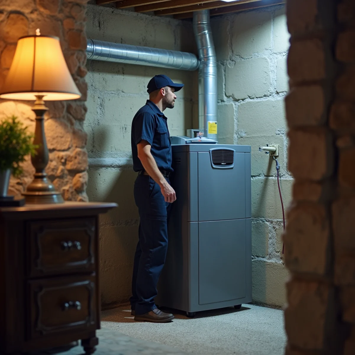 Whole-home dehumidifier installed in a Lancaster County basement with a humidity gauge reading 45 percent.