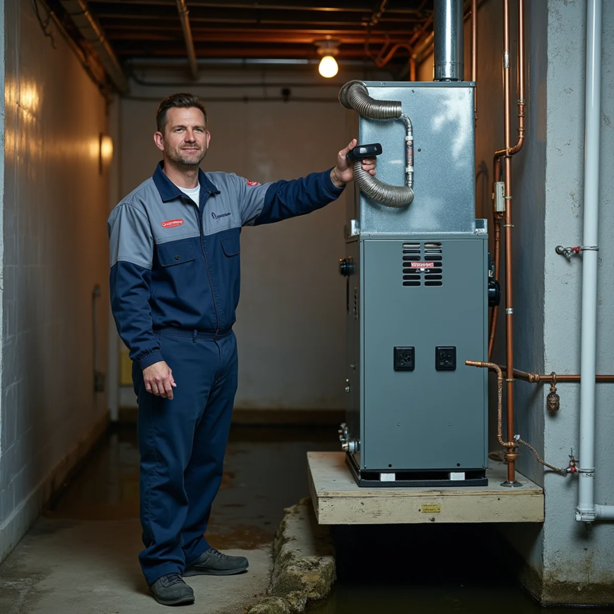 Basement furnace raised on a concrete housekeeping pad above the flood line in a Mount Joy home.