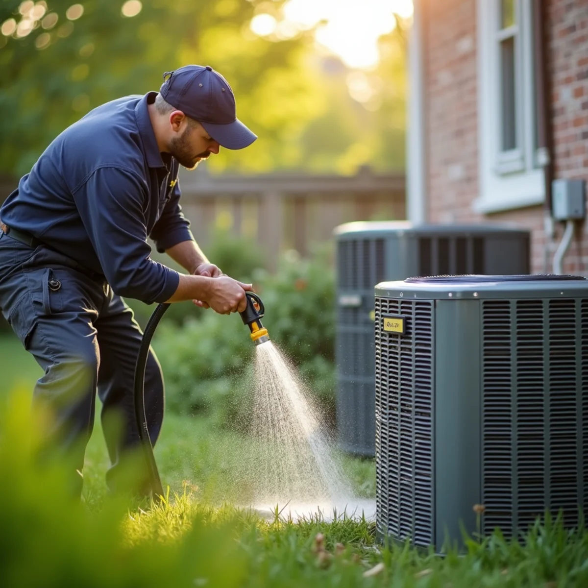 Outdoor air conditioning condenser being cleaned during a spring tune-up outside a Mount Joy PA ranch home