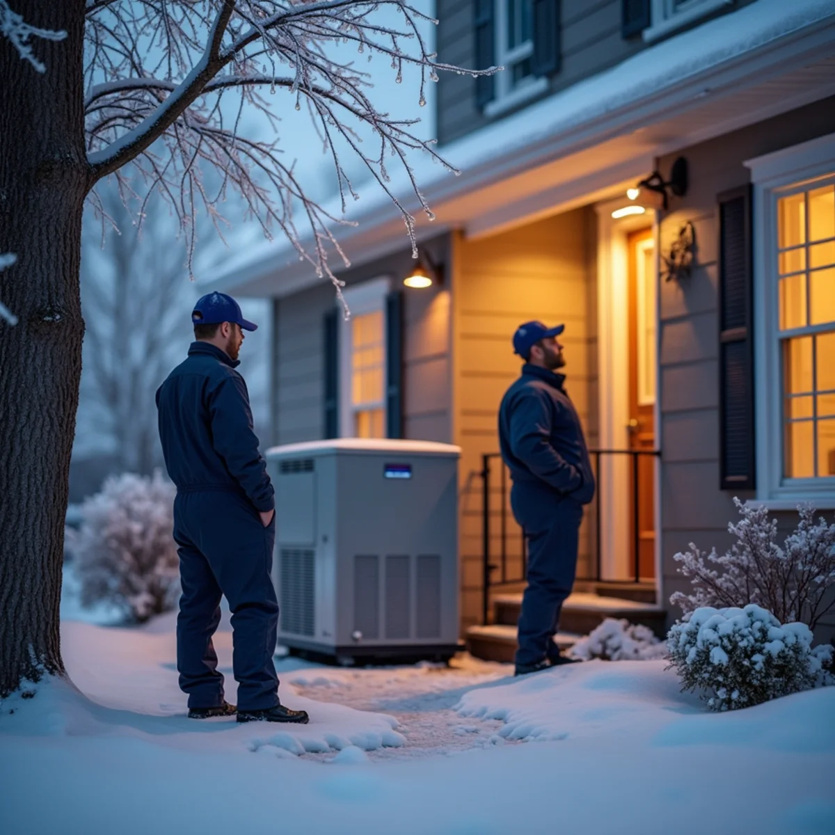 Standby generator running beside an ice-coated Mount Joy home during a winter power outage.