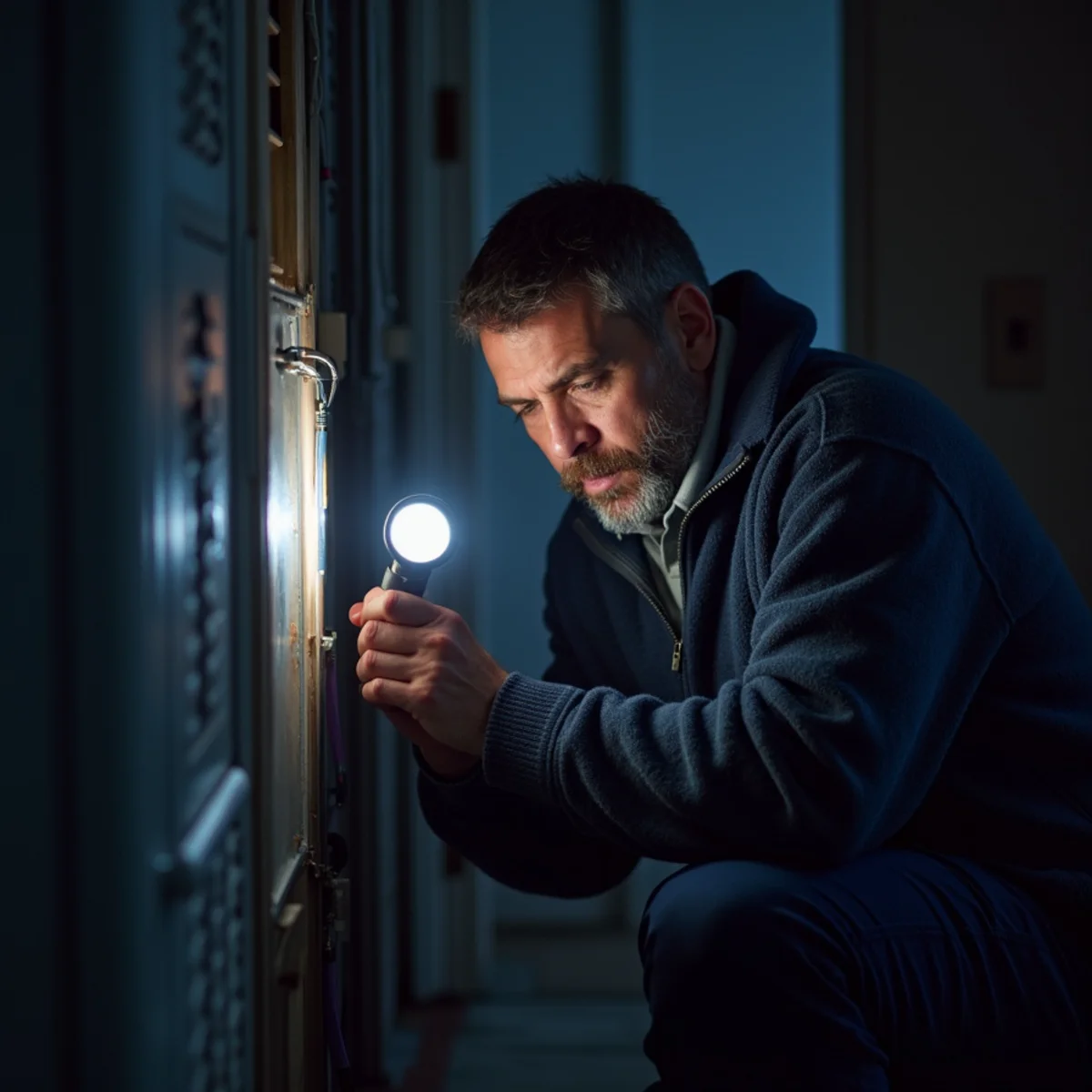 Homeowner checking a thermostat in a cold Mount Joy PA living room on a winter night