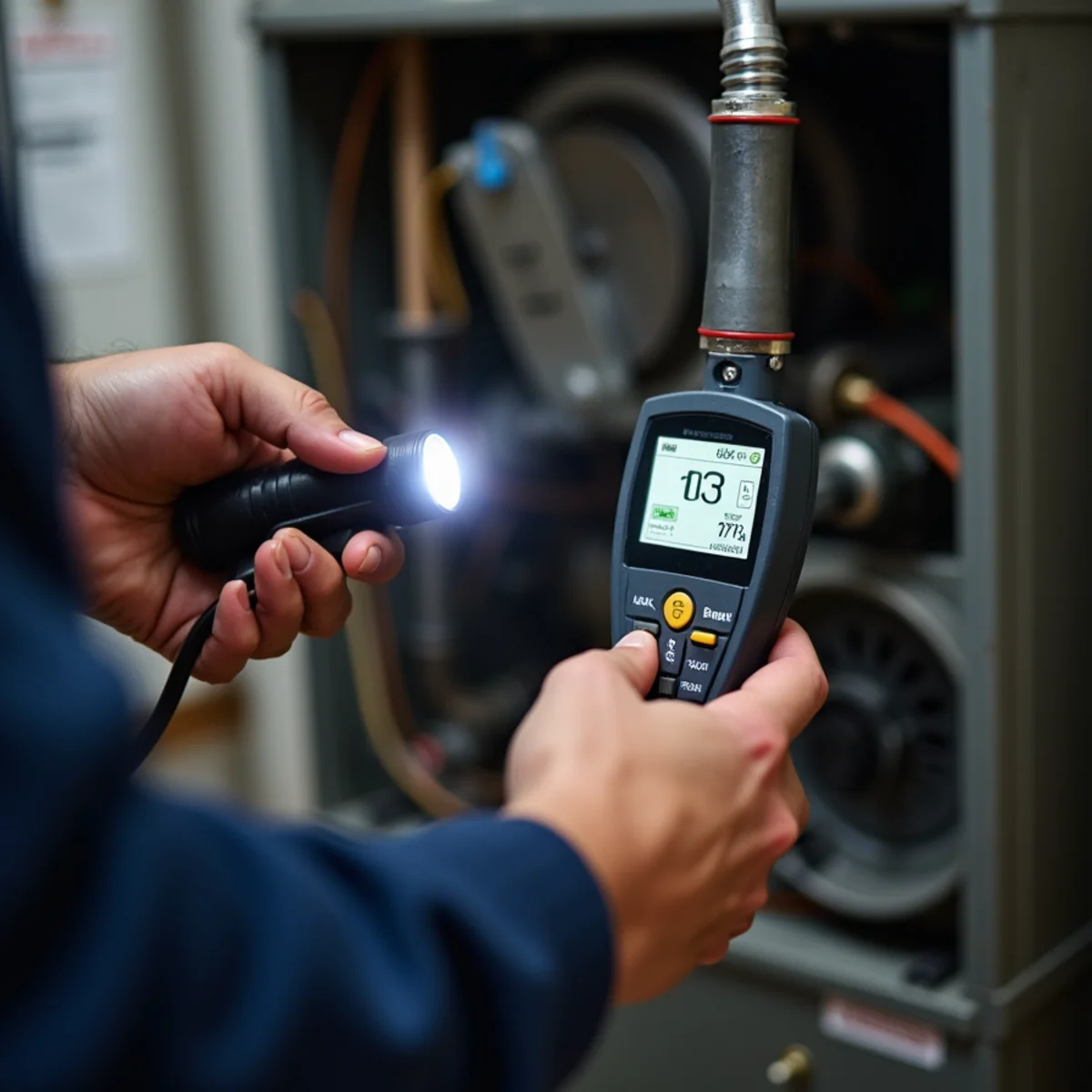Close-up of gas leak & carbon monoxide safety inspection being carried out by a HVAC Mount Joy PA technician