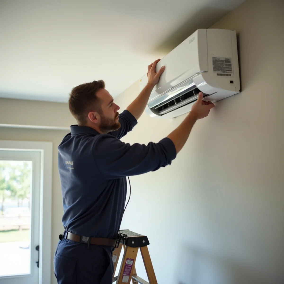 Close-up of ductless mini-split installation being carried out by a HVAC Mount Joy PA technician