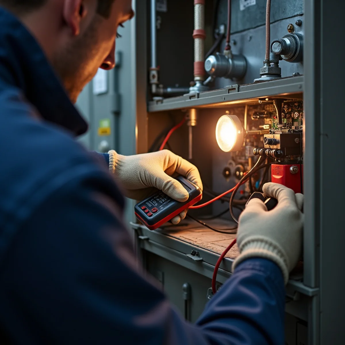 Close-up of emergency furnace repair (no heat) being carried out by a HVAC Mount Joy PA technician