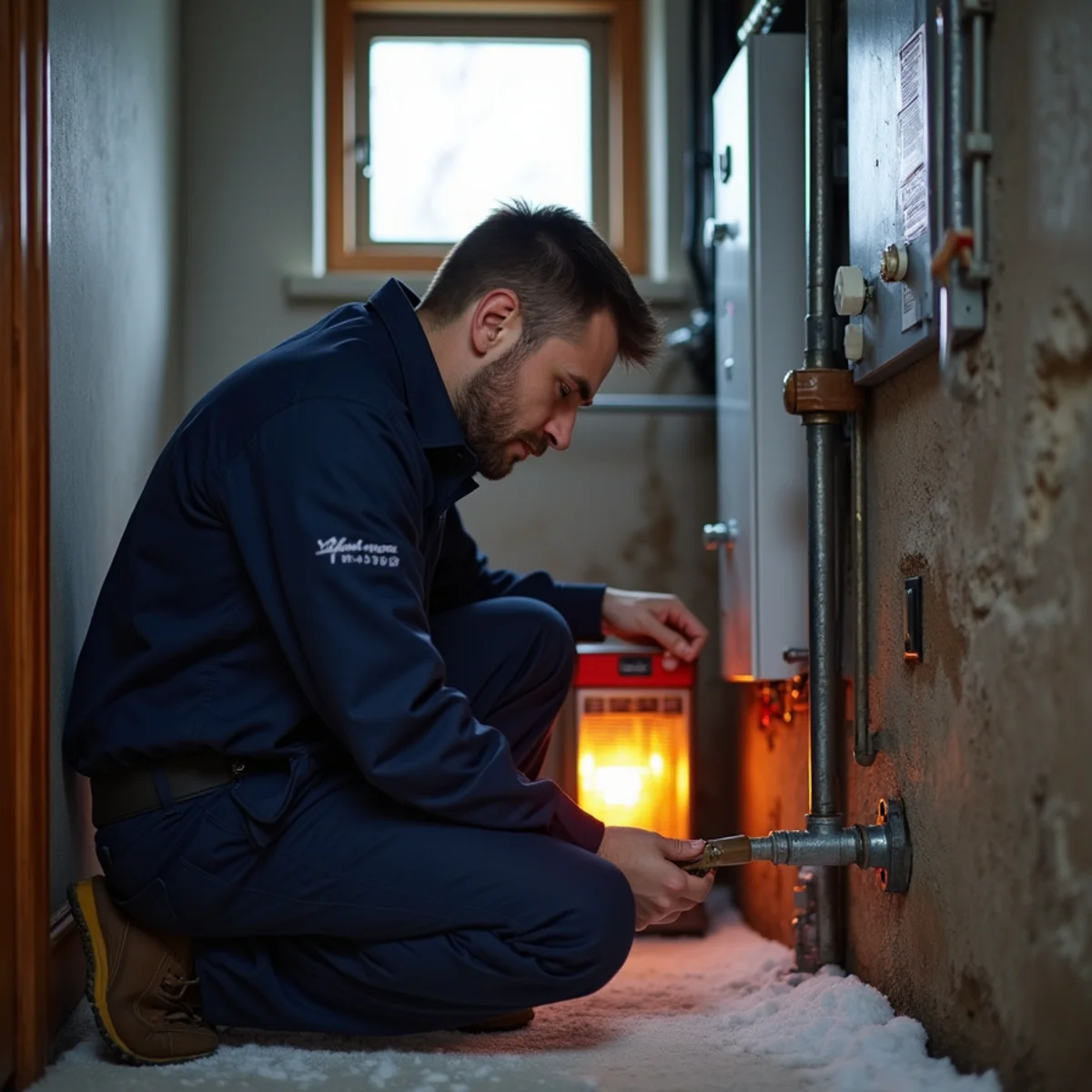 Close-up of frozen pipe & heat outage response being carried out by a HVAC Mount Joy PA technician