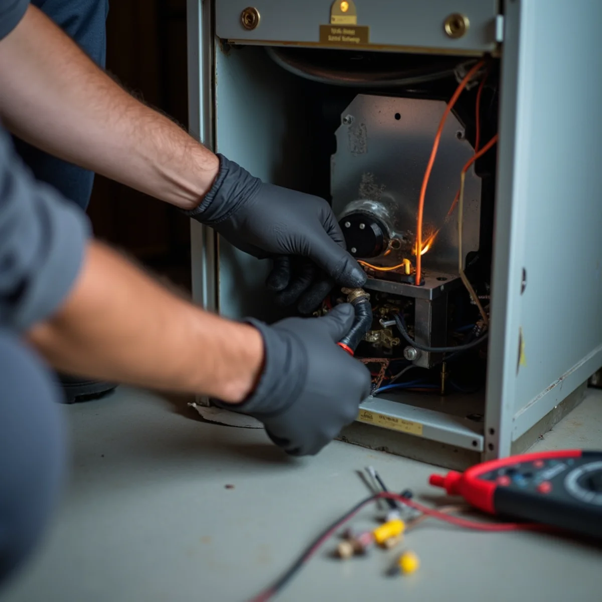 Close-up of furnace repair being carried out by a HVAC Mount Joy PA technician