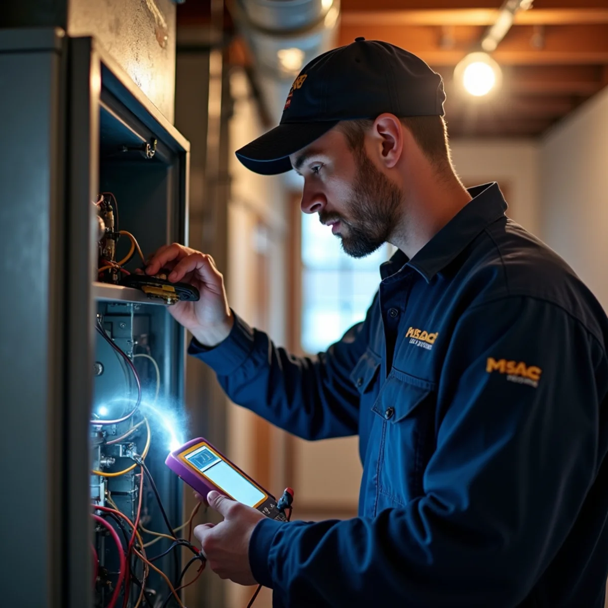 HVAC technician repairing a gas furnace in a Mount Joy, PA basement