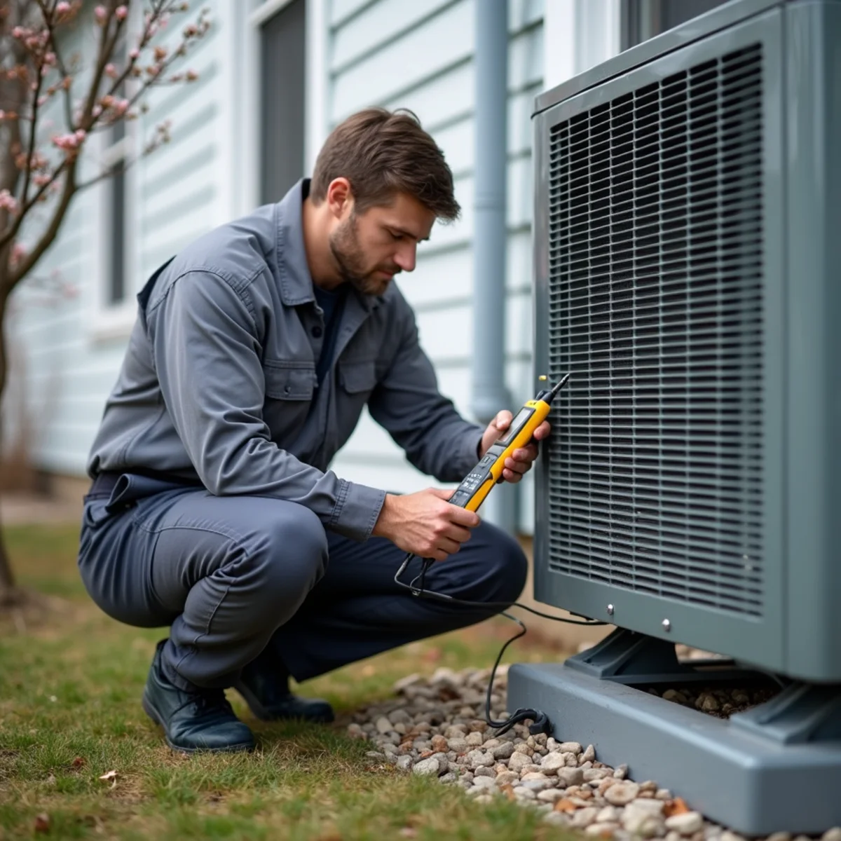 Close-up of heat pump installation & repair being carried out by a HVAC Mount Joy PA technician